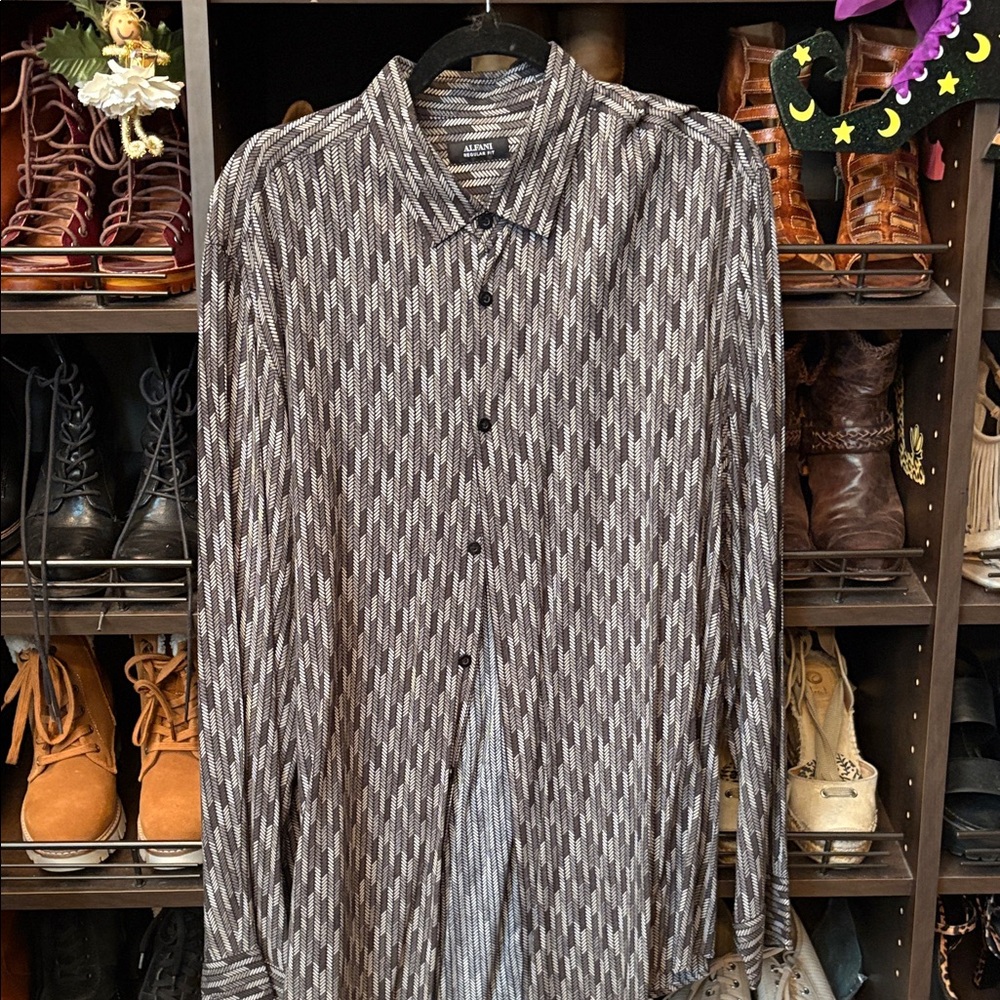 Alfani Men's Brown Patterned Button-Down Shirt